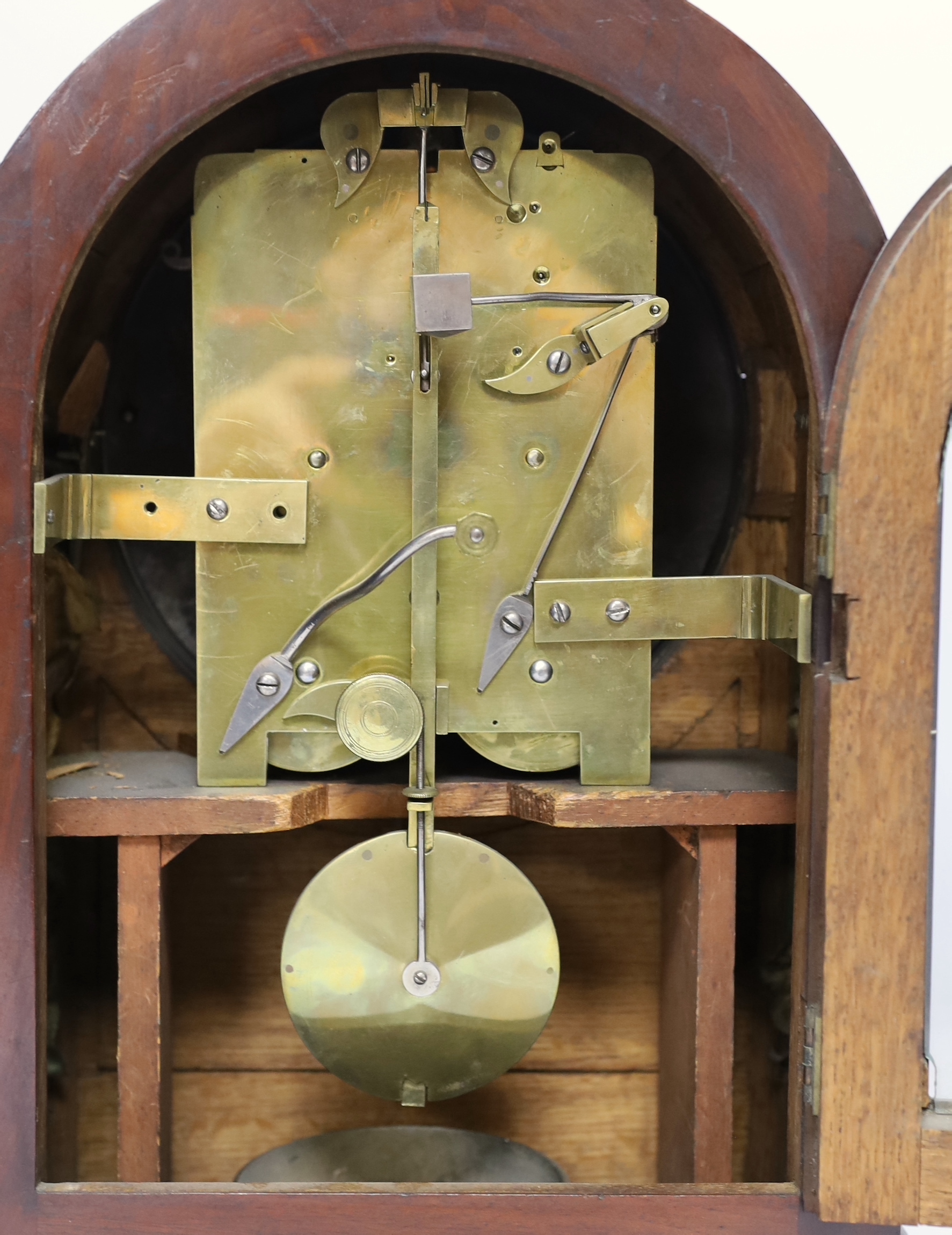 A William IV mahogany bracket clock, striking on a bell, enamel face with painted ‘Marlborough’, 38cm high